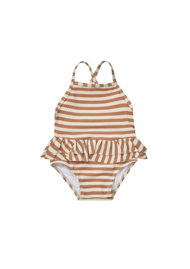 Quincy Mae Ruffled One-Piece Swimsuit Clay Stripe